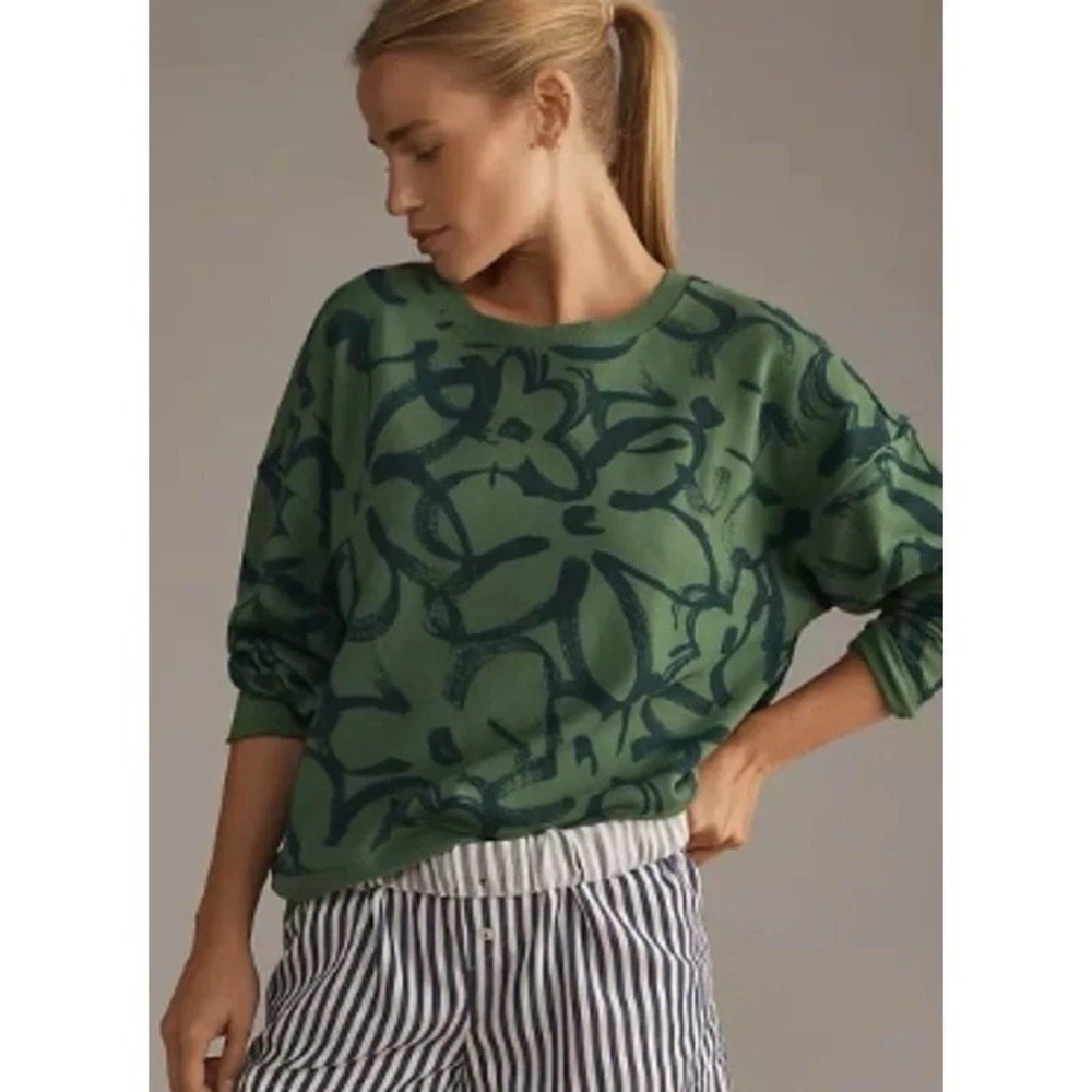 Maeve Anthropologie Women's Sketchy Floral Sweatshirt Green Size XS
